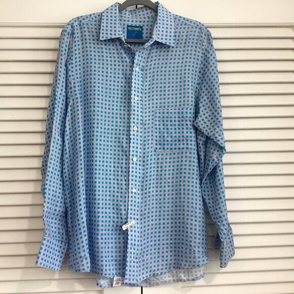 michael's Men's 100% Linen Shirt Made in USA size L pink blue check prints - Picture 8 of 11